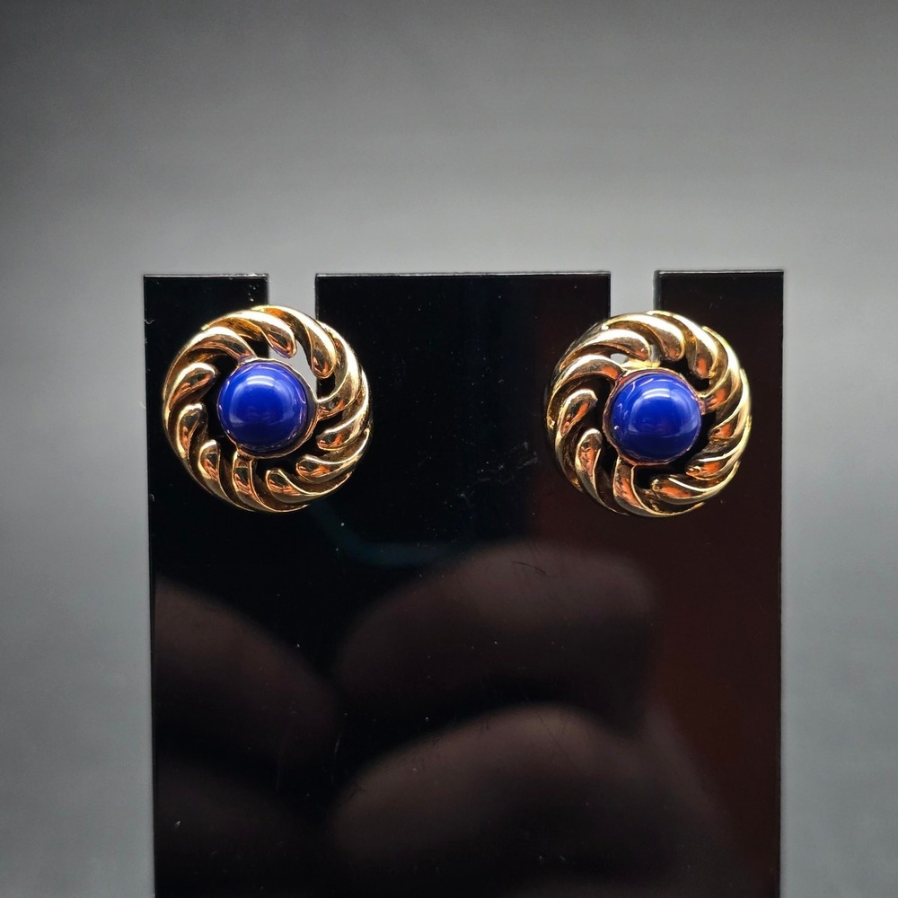 Avon 1981 Royal Azura Stud Earrings In Box Blue Gold Tone Vintage